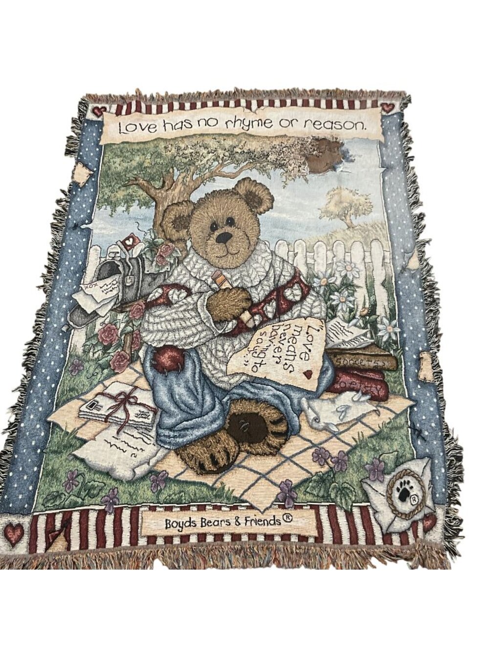 Boyds Bears & Friends Tapestry Throw Blanket Love Theme 54" x 72" Cotton Fringe